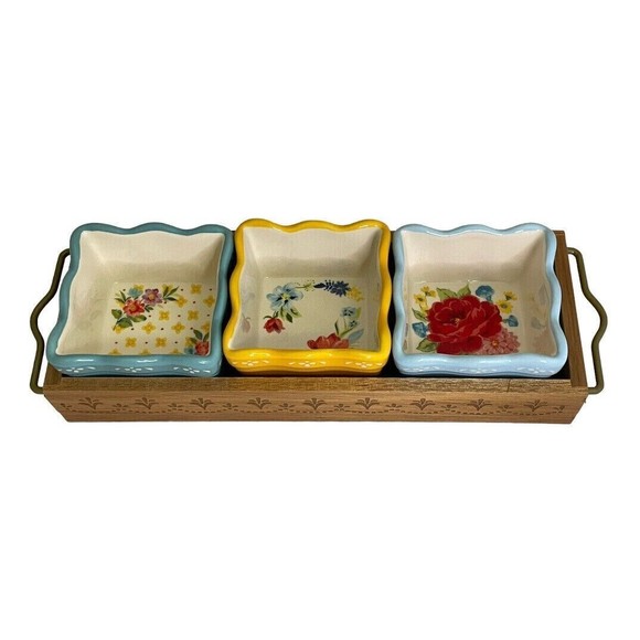Pioneer Woman Floral Condiment Dish Set Mini Dip Square Bowls Acacia Wood Tray - Picture 7 of 16